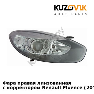 Фара правая линзованная с корректором Renault Fluence (2013-) рестайлинг KUZOVIK